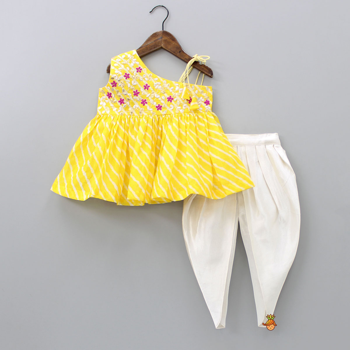 Pre Order: Beads And Gota Floral Embroidered Yellow Leheriya Top With Dhoti