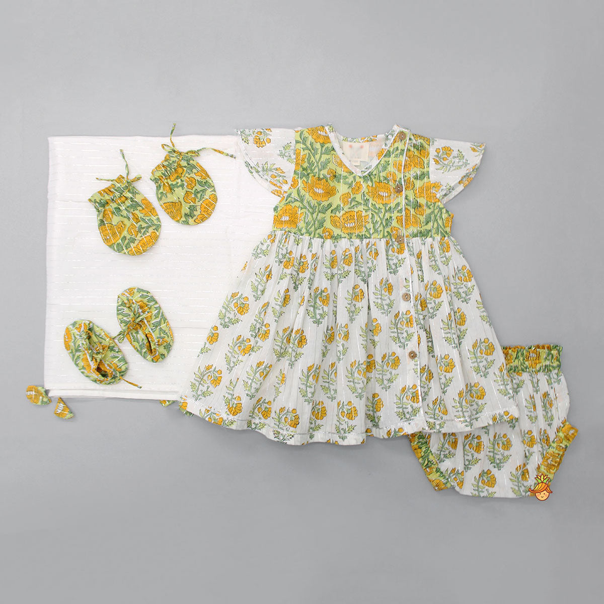 Pre Order: Hand Block Printed Multicolour Infant Baby Set With Swaddle