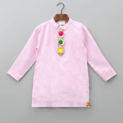 Pre Order: Gota Flower Embellished Pure Linen Pink Kurta And Dhoti