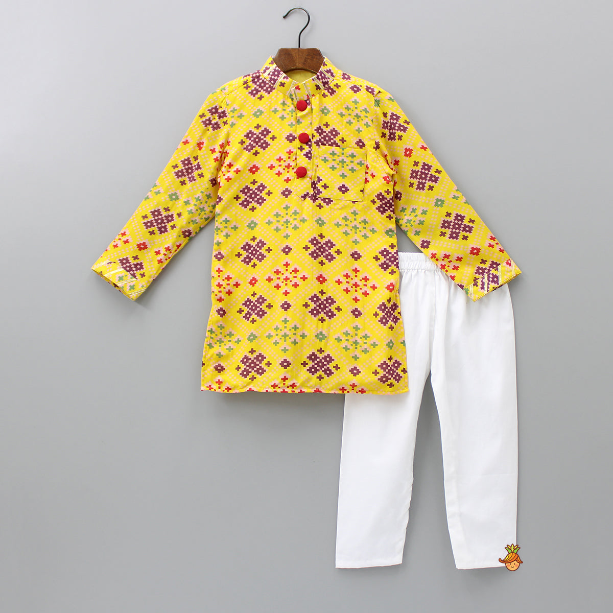 Pre Order: Patola Printed Yellow Kurta And White Pyjama