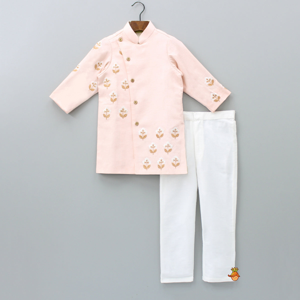Pre Order: Embroidered Peach Sherwani And Pant