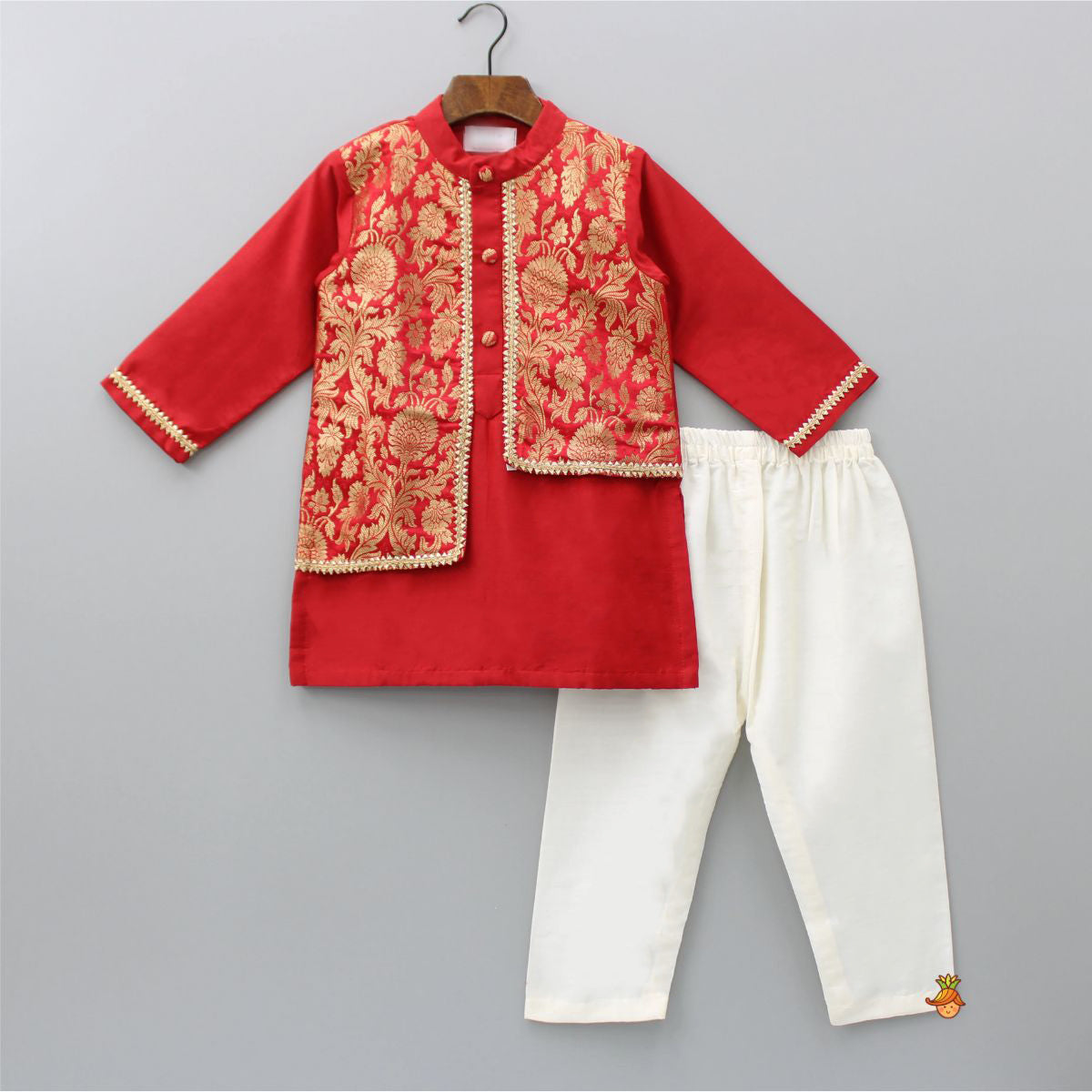 Brocade Attached Flap Red Kurta And Off White Pyjama