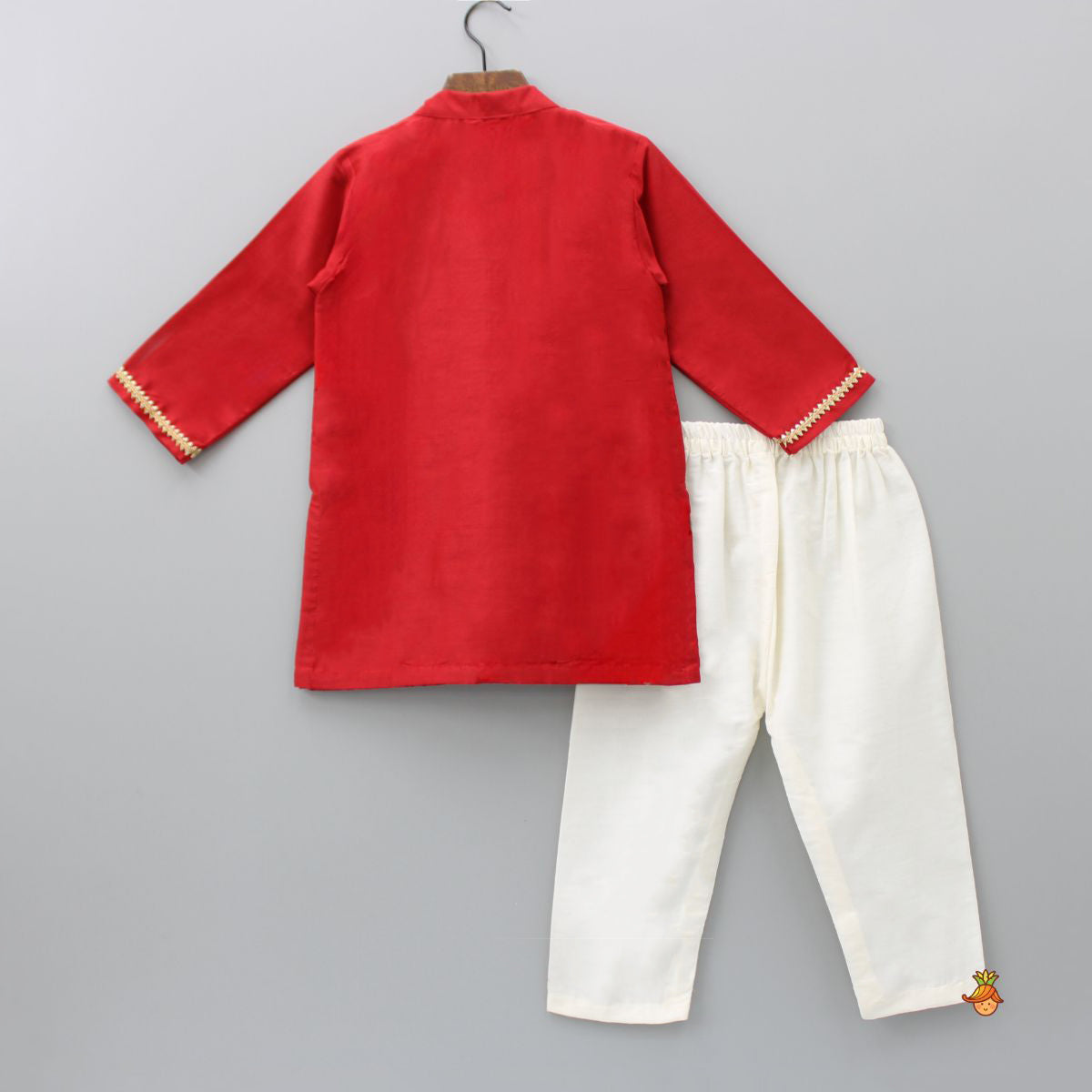 Brocade Attached Flap Red Kurta And Off White Pyjama