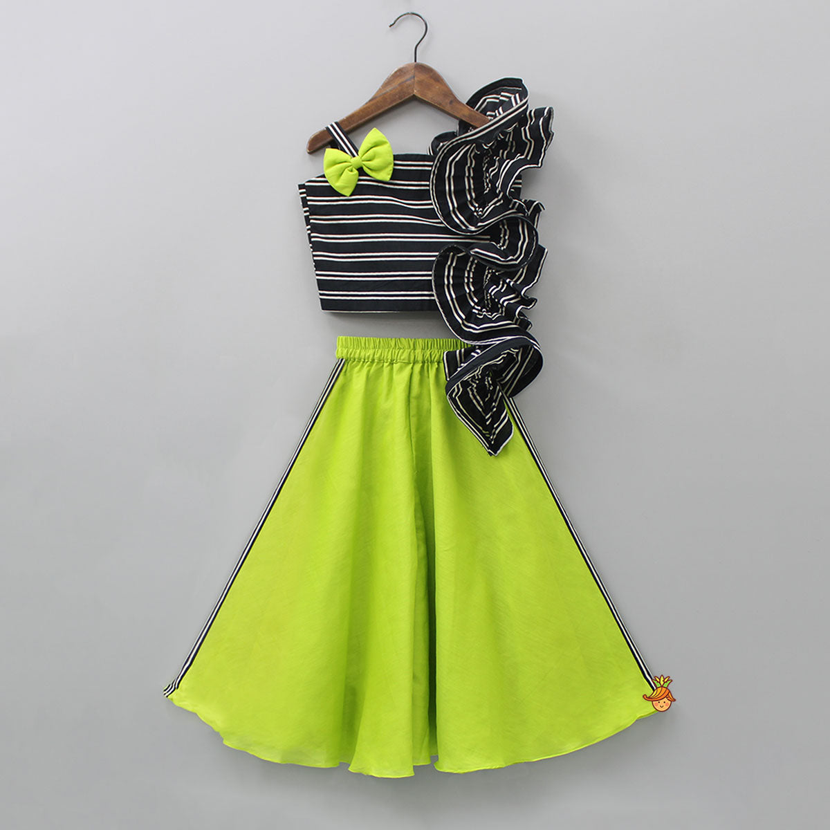 Ruffle Striped Black Top And Contrasting Green Palazzo
