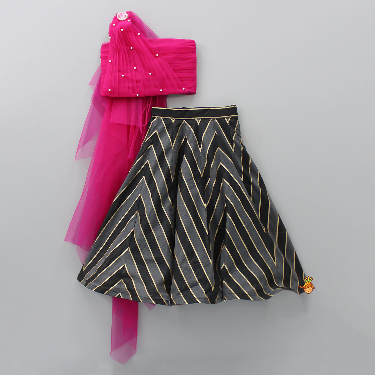 Elegant One Shoulder Pink Drape Top With Zig-Zag Print Lehenga