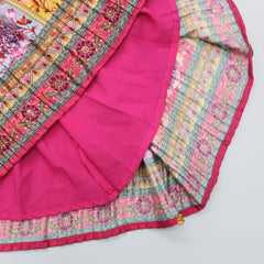 Pleated Pink Bandhani Printed Chinon Top And Lehenga With Gota Lace Work Dupatta