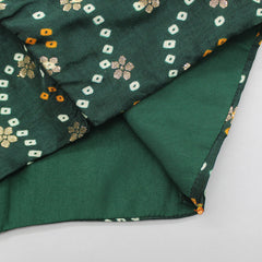 Bandhani Printed Ruffled Yoke Green Top And Lehenga With Net Dupatta
