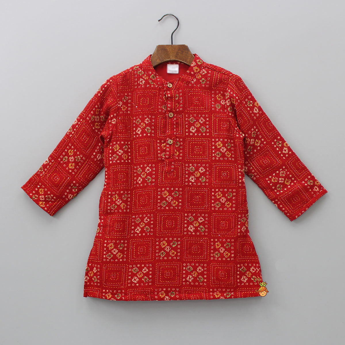 Red Bandhani Printed Kurta With Beige Pyjama