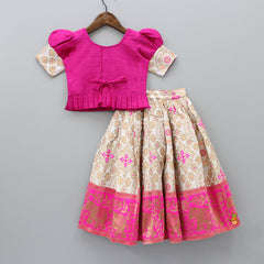 Embroidered Top With Puff Sleeves And Pattu Style Lehenga
