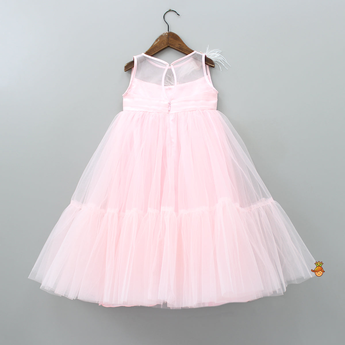 Handmade Butterfly Embroidered Ruffle Pink Net Gown