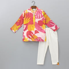 Pre Order: Mandarin Collar Multicolour Ethnic Kurta With Sleeveless Yellow Open Jacket And Pyjama