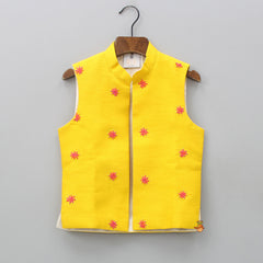 Pre Order: Mandarin Collar Multicolour Ethnic Kurta With Sleeveless Yellow Open Jacket And Pyjama