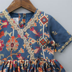 Pre Order: Zardozi Embroidered Angarkha Style Blue Printed Kurti