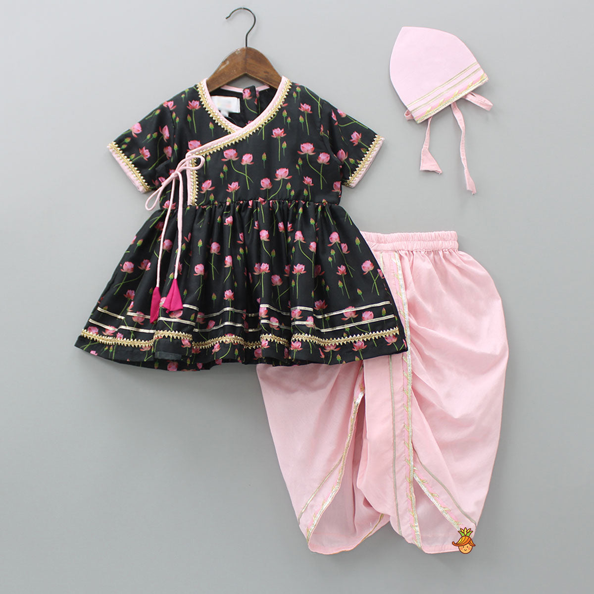 Pre Order: Lotus Printed Angarkha Style Black Top And Gota Lace Detail Pink Dhoti With Matching Mukut