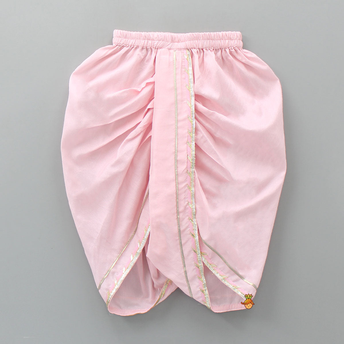 Lotus Printed Angarkha Style Black Top And Gota Lace Detail Pink Dhoti With Matching Mukut