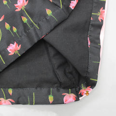Pre Order: Lotus Printed Side Knot Detail Black Kurta And Pink Dhoti With Matching Mukut