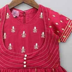 Pre Order: Potli Buttons Detail And Embroidered Yoke Red Anarkali With Off White Net Dupatta