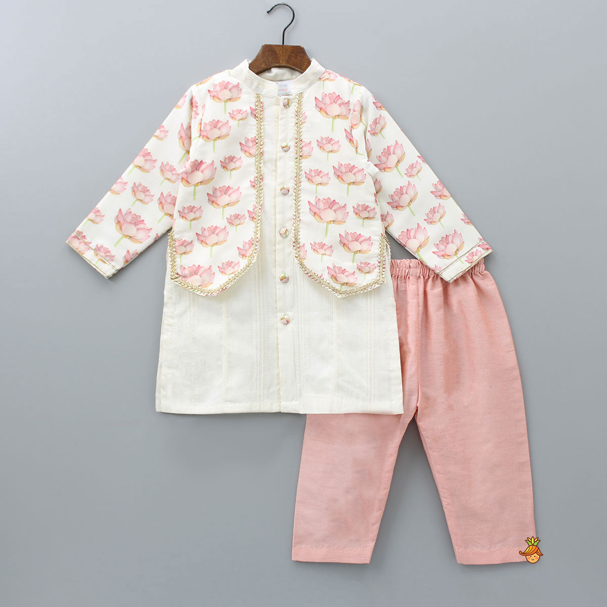 Jacket Style Lotus Printed Off White Kurta And Peach Pyjama