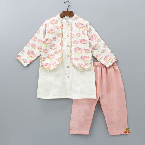 Pre Order: Jacket Style Lotus Printed Off White Kurta And Peach Pyjama