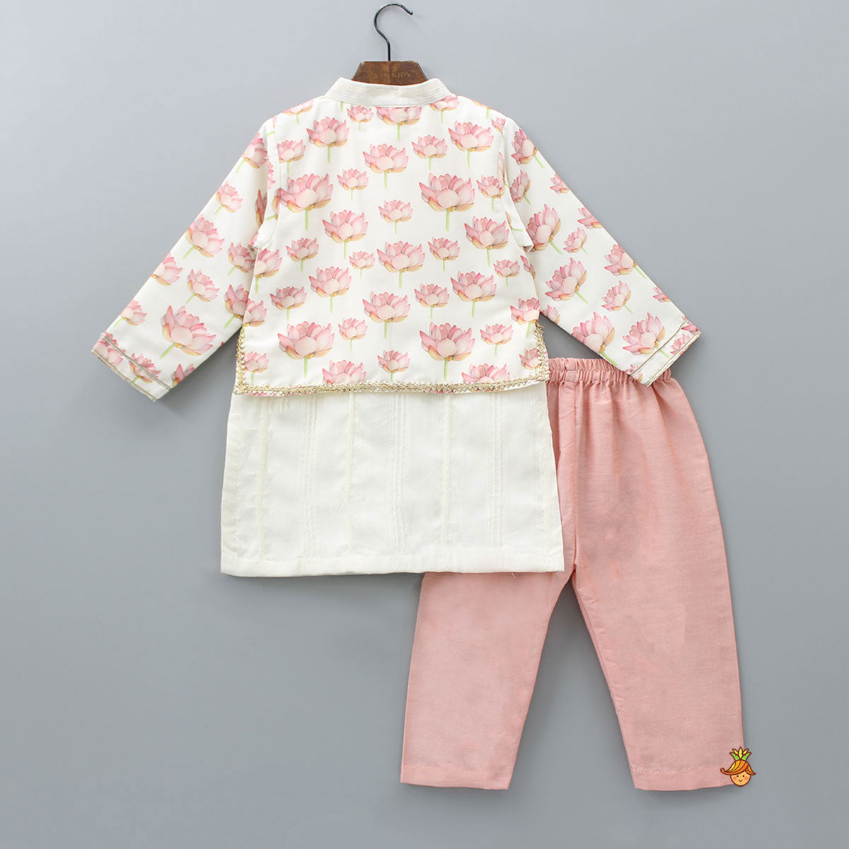 Jacket Style Lotus Printed Off White Kurta And Peach Pyjama