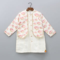 Pre Order: Jacket Style Lotus Printed Off White Kurta And Peach Pyjama