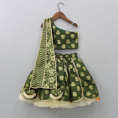 Pre Order: Green Floral One Shoulder Drape Top And Short Lehenga With Matching Hair Band