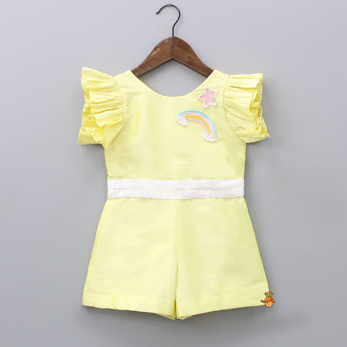 Pre Order: Tiny Colourful Rainbow Embroidered Yellow Jumpsuit