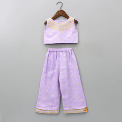 Pre Order: Lovely Lavender Booti Embroidered Top With Pleated Ruffle Cape And Palazzo