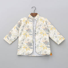 Front Open Off White Kurta With Floral Printed Curved Hem Open Jacket And Churidar