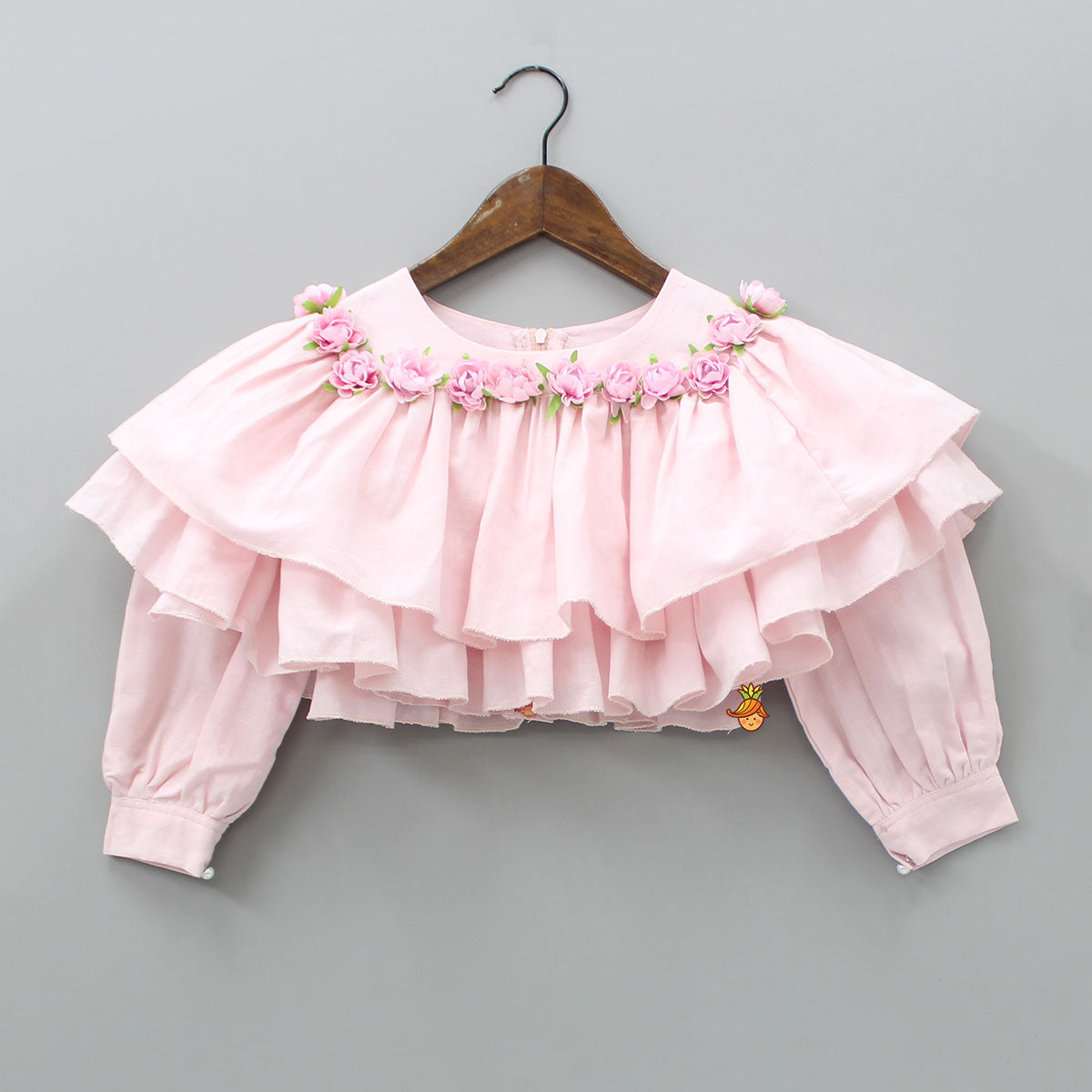 Ruffle Layered Floral Pink Top And Box Pleated Palazzo With Sling Bag