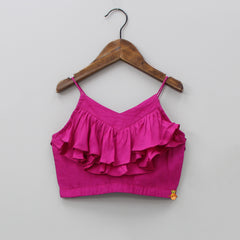 Fuchsia Pink Frilly Layered Top With Tropical Printed Palazzo