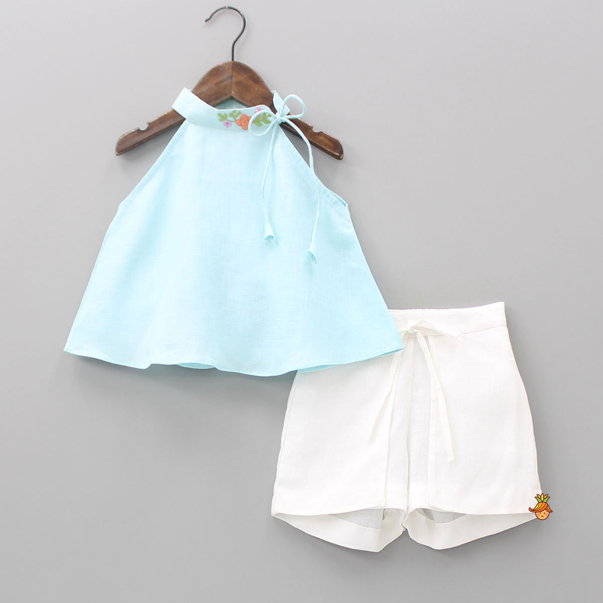 Pre Order: Halter Neck Knot Detail Blue Top And Flap Shorts