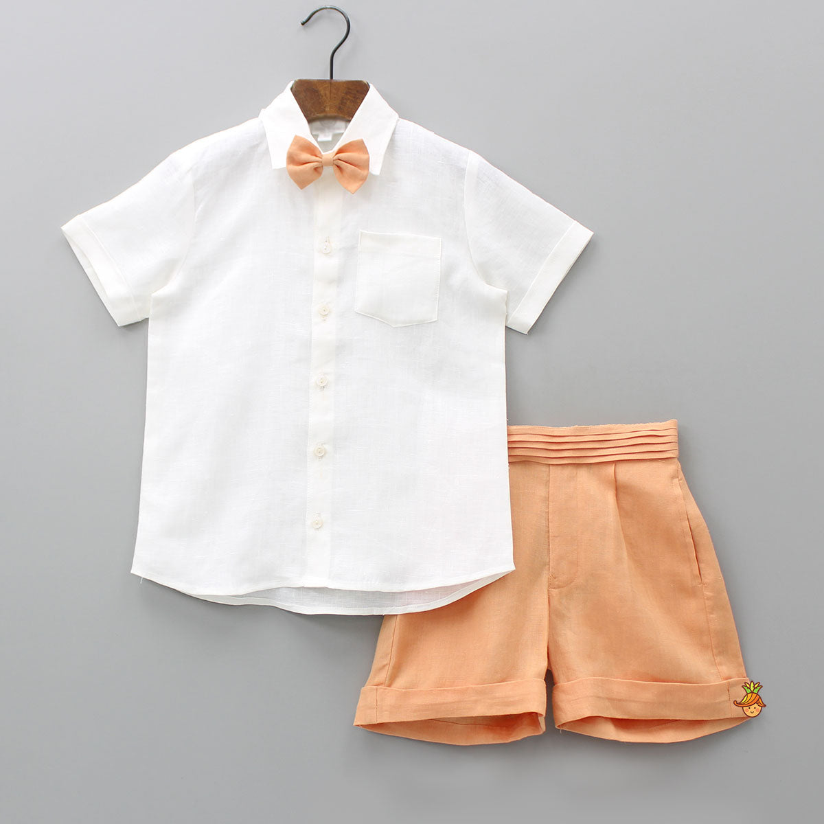 Pre Order: Patch Pocket Off White Shirt And Peach Shorts With Bow Tie