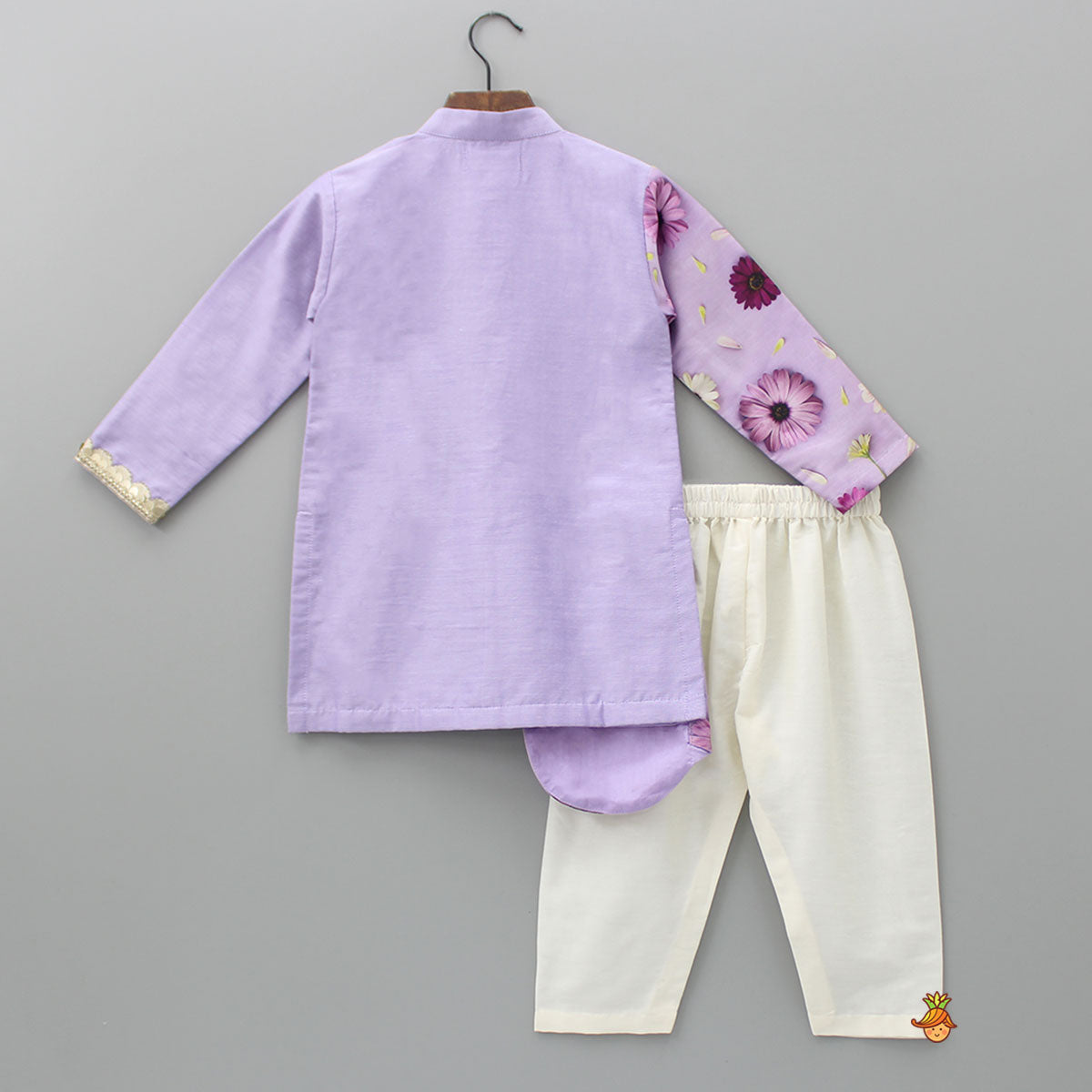 Attached Floral Flap Lavender Asymmetric Kurta And Off White Pyjama