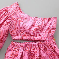 Pre Order: Stylish One Shoulder Printed Asymmetric Pink Dress With Braided Head Band