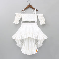 Pre Order: Off Shoulder White Lace Top And High Low Skirt With Matching Bow Hair Clip