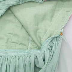 Pre Order: Short Sleeves Net Bottom Green Kurti And Lehenga With Contrasting Dupatta