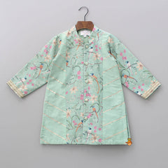 Pre Order: Floral And Birds Printed Cotton Silk Green Kurta With Off White Pyjama