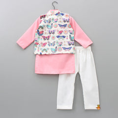 Pre Order: Mandarin Collar Kurta With Butterfly Printed Multicolour Open Jacket And Off White Pyjama
