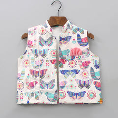 Pre Order: Mandarin Collar Kurta With Butterfly Printed Multicolour Open Jacket And Off White Pyjama