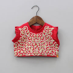 Pre Order: Zardozi Embroidered Red Top With Net Tassels Enhanced Flared Palazzo