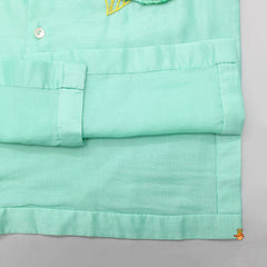 Pre Order: Flower Embroidered Front Open Elegant Green Kurta And White Pyjama