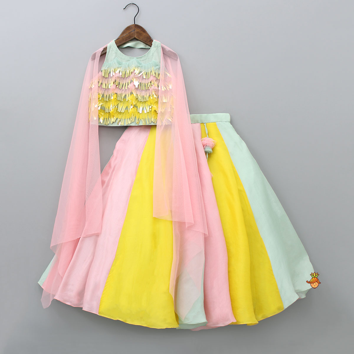 Pre Order: Halter Neck Layered Frilly Multicolour Drape Top And Flared Lehenga