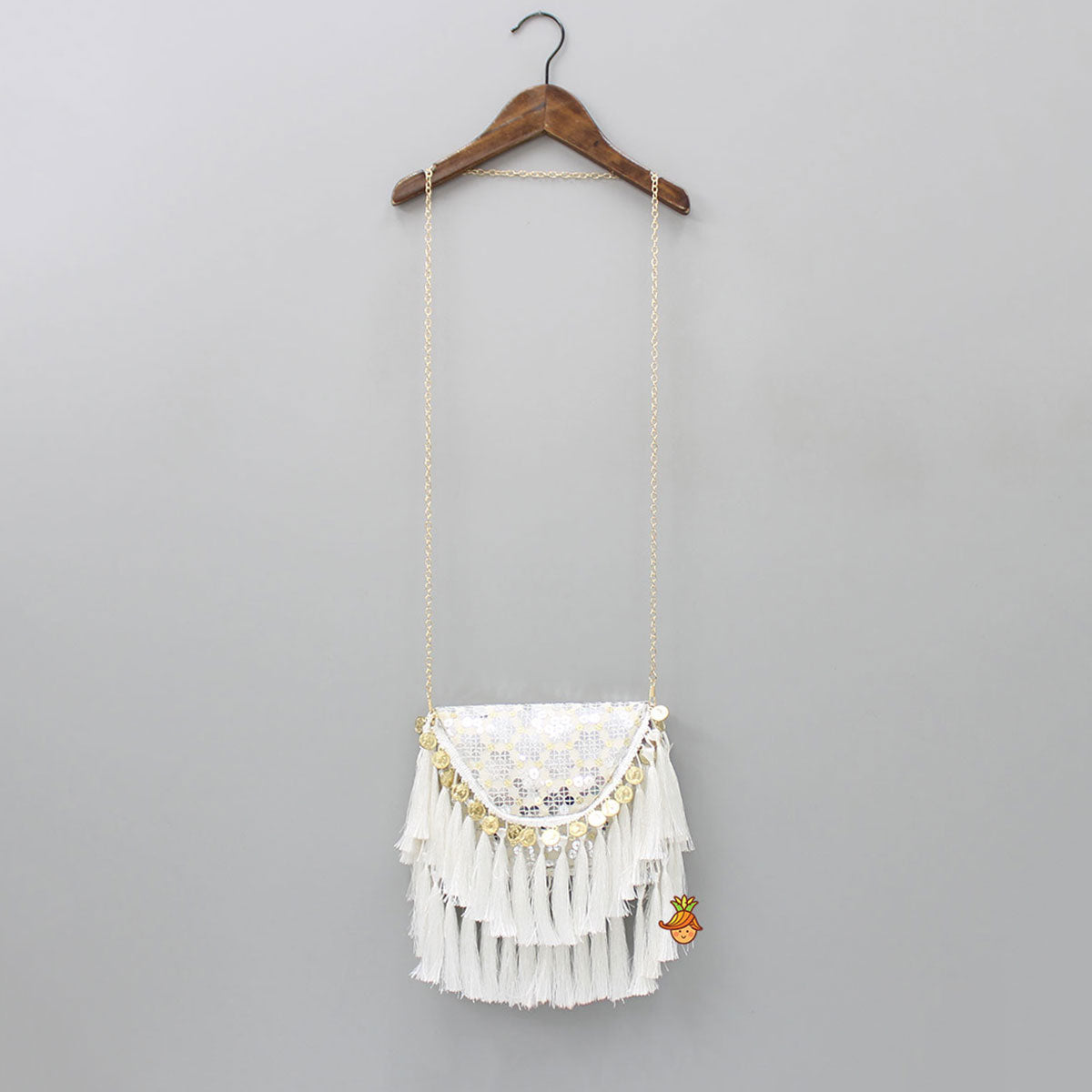 Embroidered Fringes Off White Sling Bag