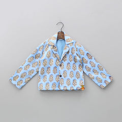 Pre Order: Crop Top With Blue Notch Collar Printed Jacket And Skirt
