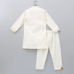 Pre Order: Thread Embroidered Off White Mandarin Collar Kurta And Pyjama
