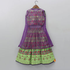 Pre Order: Embroidered Stylish Cut Out Hem Top With Organza Violet Open Jacket And Lehenga