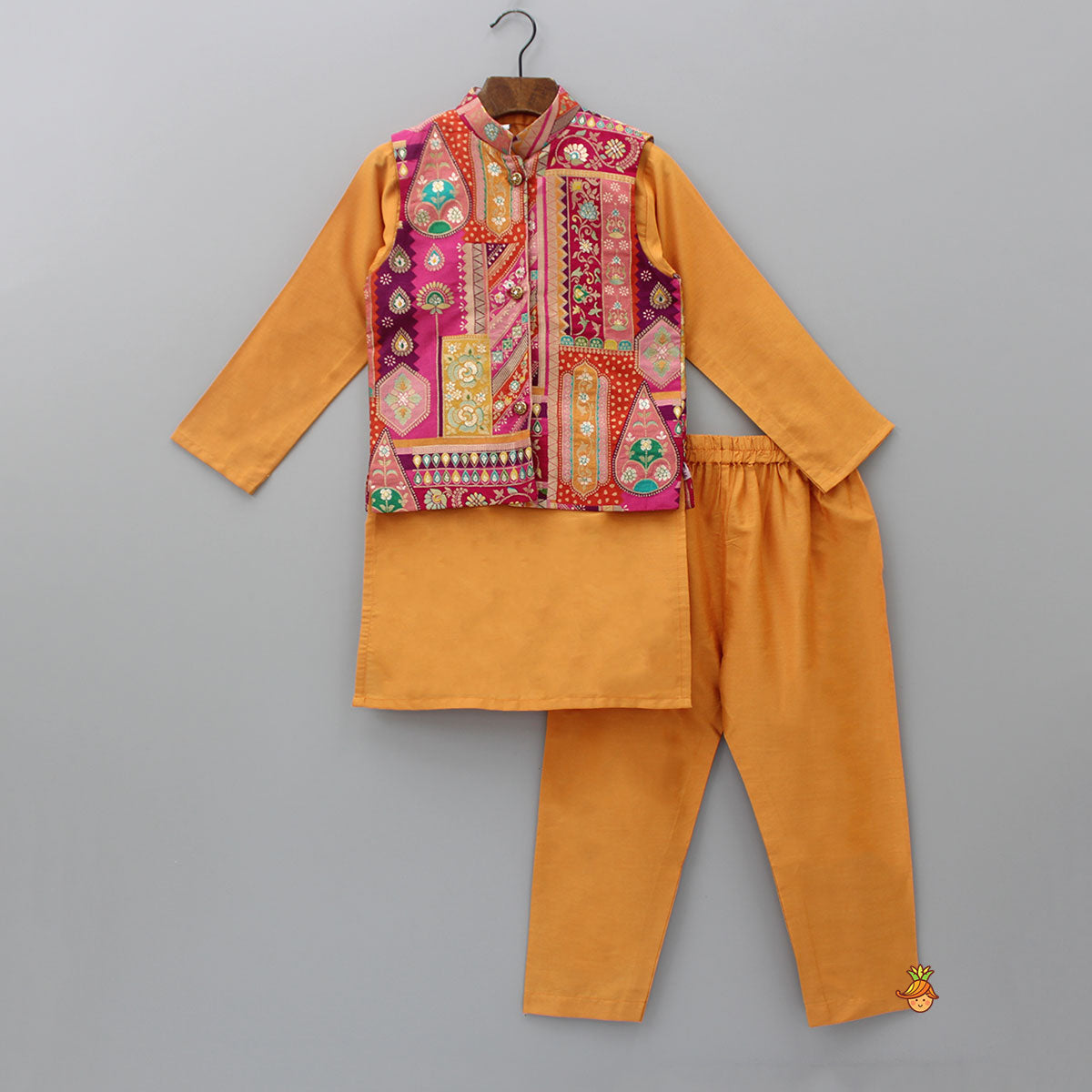 Front Placket Orange Kurta With Cotton Silk Multicolour Brocade Jacket And Pyjama