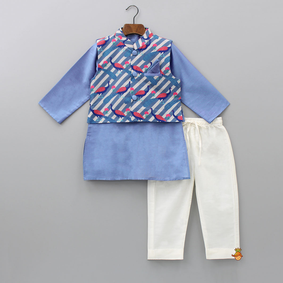 Blue Kurta With Peacock Printed Front Open Jacket And Pyjama