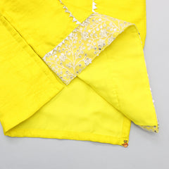 Pre Order: Gota Flower Work Yellow Top And Palazzo With Matching Net Dupatta